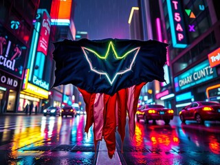 Ripped fabric of stars and stripes bleeds neon, a nocturnal emblem in a rain-slicked metropolis,  shattered patriotism, neon american flag