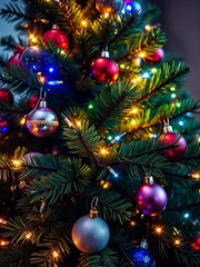 Sparkling evergreen tree adorned with festive lights and ornaments,  noel,  festive