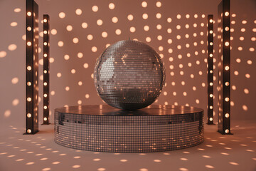 Disco Ball on a Mirrored Stage with Spotlights and Light Patterns