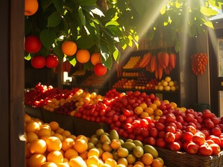 Sun-drenched stall, dappled shade highlights textures of a vibrant fruit tapestry, a silent exchange of wonder,  family,  food