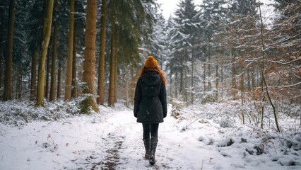 Person walking along a snow-covered forest path in a black coat and orange knit hat. Concept Snowy forest path, Black coat, Orange knit hat, Winter portrait, Serene winter scene