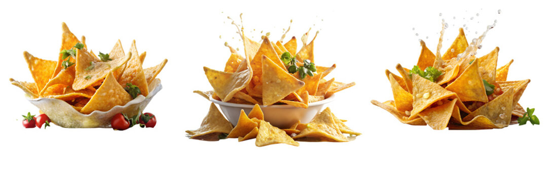 Set of a bowl of chips with splash isolated on a transparent background