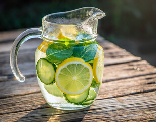 Glass pitcher of lemon cucumber detox water