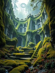 An ancient, overgrown castle ruins, interwoven with glowing moss and pulsing magical flora, hinting at forgotten power,  enchanted ruins,  forgotten
