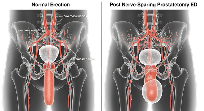 Venogenic ED Anatomy Male anatomy comparison normal erection versus post prostatectomy E D