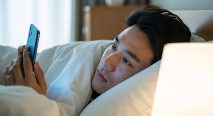 Man in bed looking at his smartphone screen with glowing light, depicting late-night phone use and modern connectivity