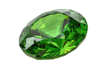 Faceted green gem, oval shaped with many planes, reflecting light on black