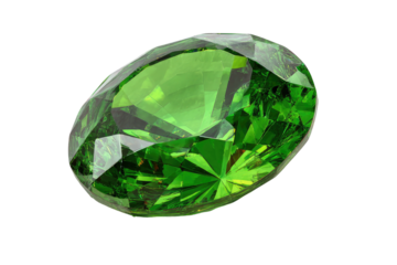 Faceted green gem, oval shaped with many planes, reflecting light on black