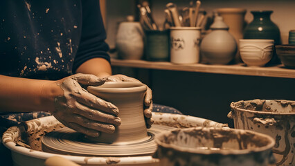 Potter shaping a clay cup on a wheel in a studio