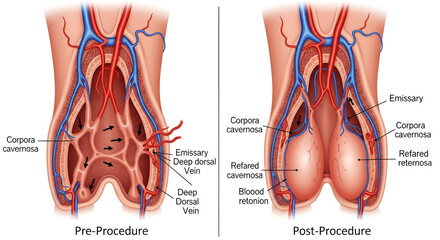Venogenic ED Anatomy Pre and Post Procedure Penile Anatomy Illustration Blood Flow