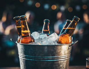 Metal bucket filled with ice and beer bottles