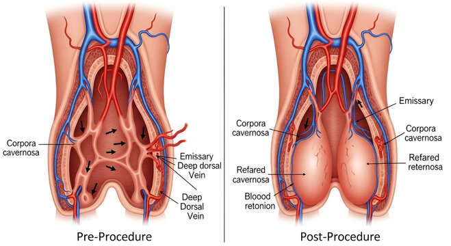 Venogenic ED Anatomy Pre and Post Procedure Penile Anatomy Illustration Blood Flow