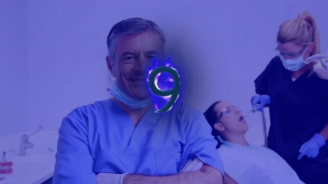 Animation of pattern and purple tint over patient in dentist chair and dentists