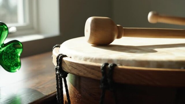 A bodhr&aacute;n drum with mallet on its head sits beside a green shamrock ornament on a wood surface with a window in the background