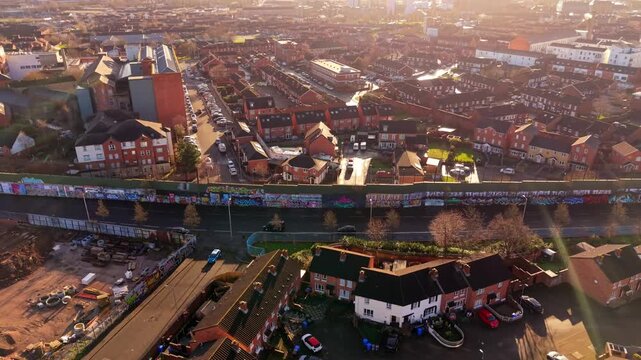 4K 60FPS aerial video of the Belfast Peace Wall Interface in Belfast, Northern Ireland. The murals explore the politics of NI and worldwide. Produced with Rec709 color.