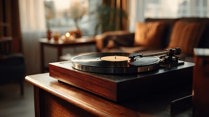 Obraz premium A vintage turntable playing vinyl records, creating a warm, nostalgic atmosphere