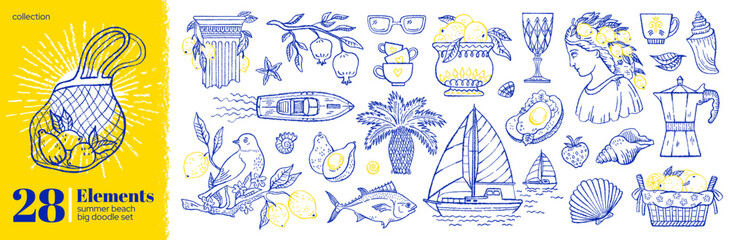 Summer Mediterranean sea doodle set. Beach, food, vacation icons. Trip boho illustration with lemon limoncello wine, yacht boat, palm, sun sunglasses. Cute blue sea menu bg for Italy Spain Greece Bali © Olga Che