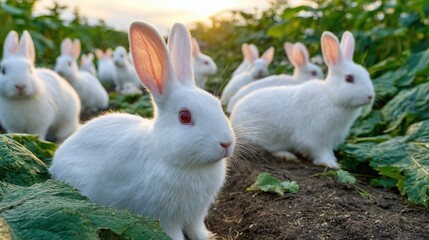 Fototapeta premium Flock of adorable white rabbits gather and posing in the sun