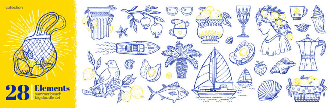 Summer Mediterranean sea doodle set. Beach, food, vacation icons. Trip boho illustration with lemon limoncello wine, yacht boat, palm, sun sunglasses. Cute blue sea menu bg for Italy Spain Greece Bali