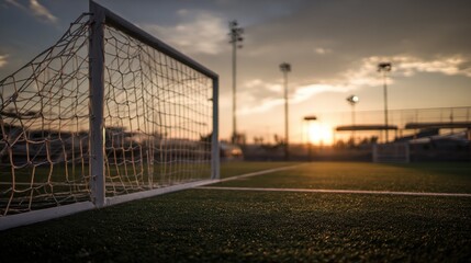 Fototapeta premium A close-up view of a soccer field with a goal during sunset. A sense of anticipation hangs in the air, capturing the moment before a thrilling match 