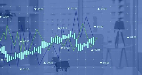 Animation of financial data processing over empty office - Powered by Adobe