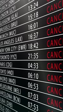 Vertical animated airport information board filled with canceled flights, highlighting travel chaos, airline disruptions, passenger delays, and international aviation uncertainty