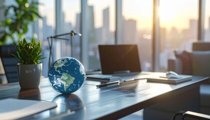 Modern Office Desk with Globe and Laptop.