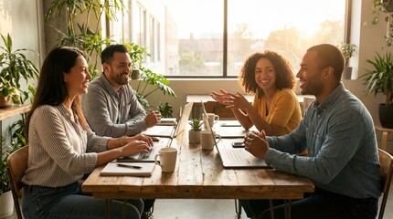 Professional team in a bright collaborative office setting, four diverse colleagues discussing ideas over laptops, notebooks, and coffee mugs during a brainstorming session