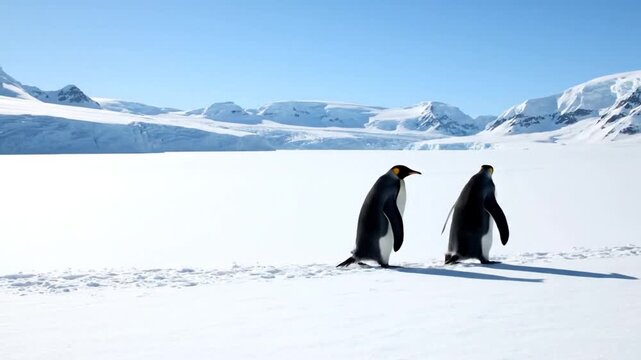 Two penguins walking on snow with mountains in the background, captured from a distance.