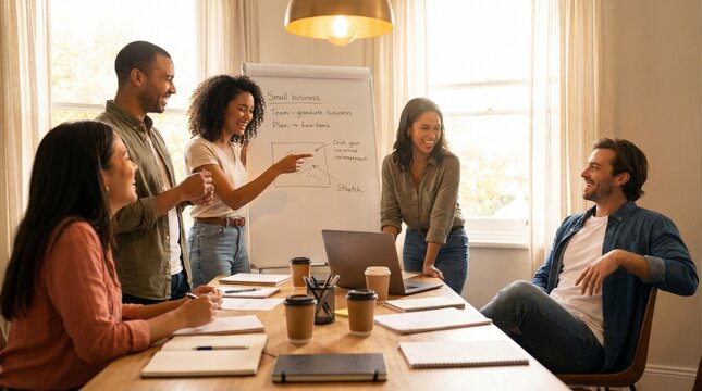 Diverse team collaborating in a bright modern office during a brainstorming session around a wooden table with laptops, notebooks, coffee, and a whiteboard for planning - Powered by Adobe