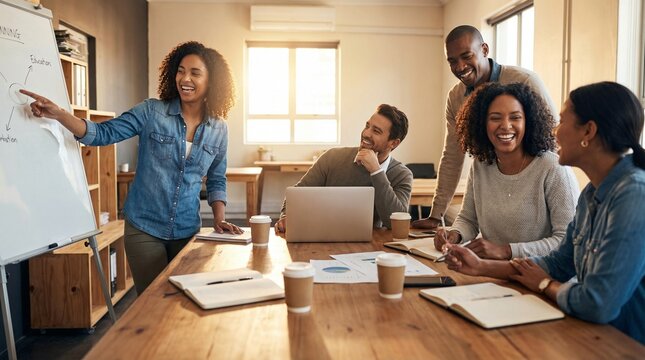 Diverse group of professionals collaborating in a bright modern office around a wooden table with laptops and a presenter at a whiteboard during a productive brainstorming session