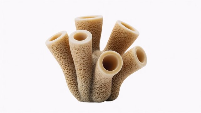 Sycon sponge isolated on a white background showing calcareous tubular body structure with clearly visible ostia and osculum presented as a scientific zoology specimen under clean studio lighting 