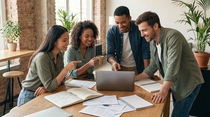 Diverse team of four collaborating around a laptop in a bright modern office, reviewing documents, brainstorming ideas, and planning a project during a productive group session