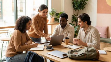 Four diverse professionals collaborate around a sunlit wooden table in a modern office, sharing ideas, taking notes, and working on laptops during a casual brainstorming session for a collaborative at