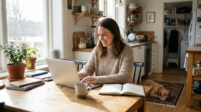 Woman working from home at a bright wooden kitchen table with a laptop, notebook, and coffee mug, while a relaxed cat lies nearby in a cozy modern apartment setting.