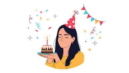 Happy young woman celebrating her birthday with a small chocolate cake, a festive party hat, colorful confetti, and hanging bunting banners.