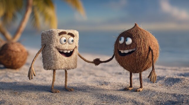 Two cartoon characters, a coconut and a sugar cube, happily shaking hands, embodying friendship and partnership. They stand in a sunny beach with a palm tree