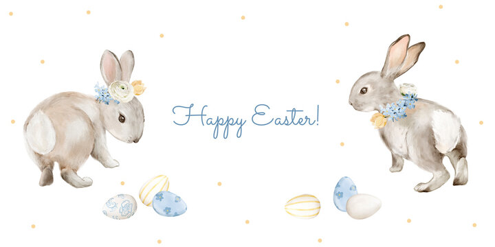 Watercolor Easter template with cute bunnies and decorated eggs. Isolated illustration with copy space for greeting text for holiday cards, invitations, posters, social media and seasonal design.