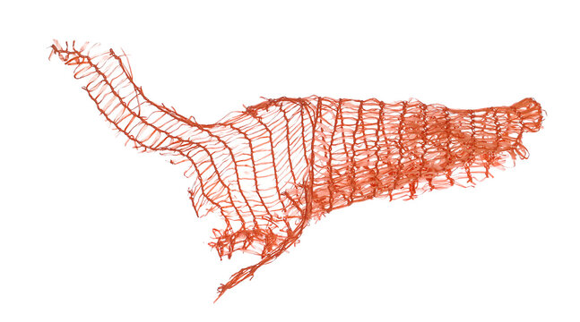 torn plastic fruit net flying, red bag isolated on white background and texture, design element, transparency