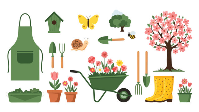 Comprehensive set of gardening tools and outdoor items including a wheelbarrow, birdhouse, yellow boots, plants, and a pink flowering tree.