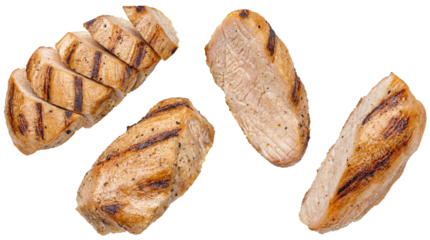 slices and pieces of grilled chicken breast, seasoned with pepper and grill marks, presented against a transparent background, suitable for culinary and advertising use.