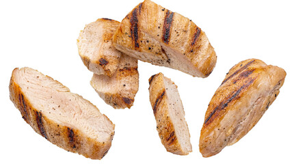 delicious grilled chicken breast pieces, seasoned and perfectly cooked with char marks, isolated on transparent background. © Theresa
