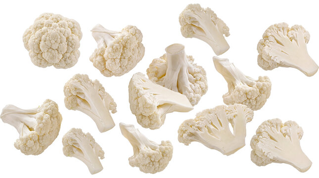 fresh cauliflower florets, artfully arranged and isolated on a transparent background, perfect for healthy eating and culinary content.