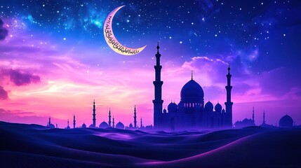 Silhouette of a mosque complex at twilight, desert landscape, crescent moon