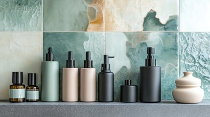 Row of cylinder-shaped bottles & dispensers on a shelf against a tiled wall