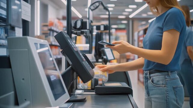Woman using self-checkout in modern supermarket with smartphone for payment