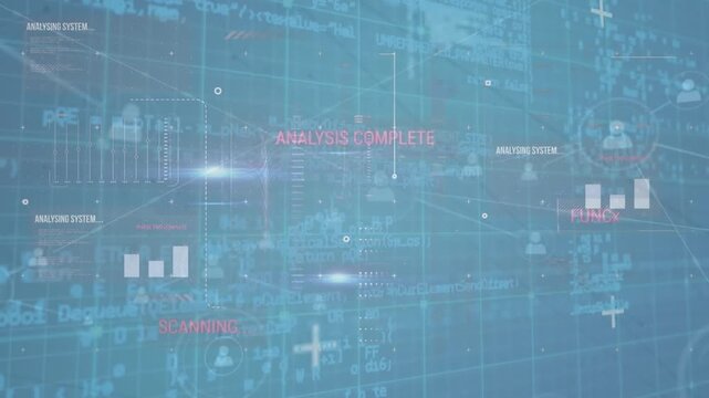 Animation of texts, graphs over connected icons against computer language in background