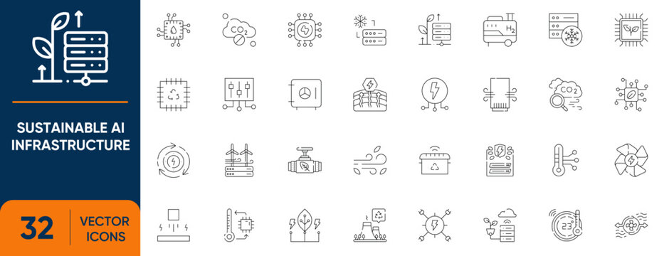 Sustainable AI Infrastructure Green Technology Icon Set. Efficiency, Datacenter, Server, Renewable, Cooling, and more. Editable line icons collection.