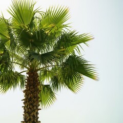 Fototapeta premium A vibrant green tropical palm tree stands tall, its expansive fronds creating dense natural shade against the intense summer sunlight, travel, relaxation, environment