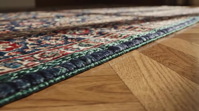 Hand-knotted traditional rug on wooden parquet floor. Close-up of intricate patterns and textures in home interior. Apartment renovation and decor concept